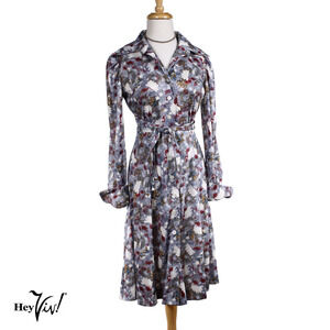 Vintage Silver Grey Floral Print Dress w Long Sleeves Tie Belt Size M - Hey Viv